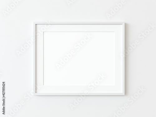 One white thin rectangular horizontal frame hanging on a white textured wall mockup, Flat lay, top view, 3D illustration