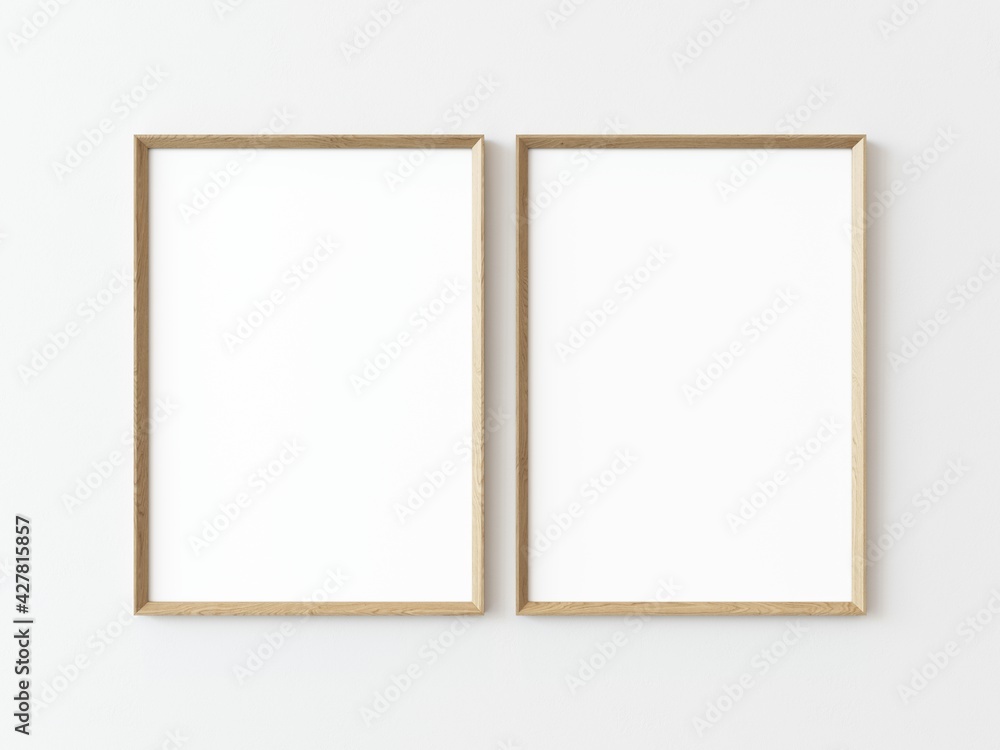 Obraz premium Two light wood rectangular vertical frames hanging on a white textured wall mockup, Flat lay, top view, 3D illustration