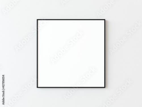 One black thin square frame hanging on a white textured wall mockup, Flat lay, top view, 3D illustration