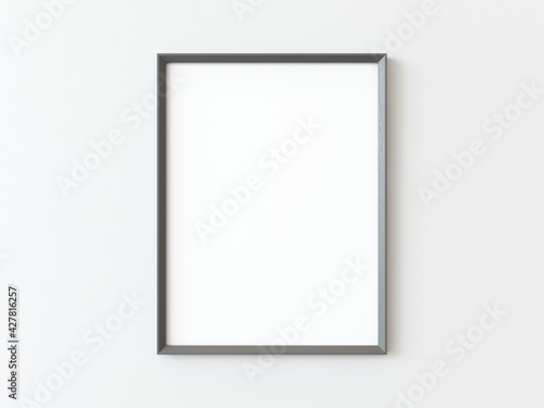 One grey wooden rectangular vertical frame hanging on a white textured wall mockup, Flat lay, top view, 3D illustration