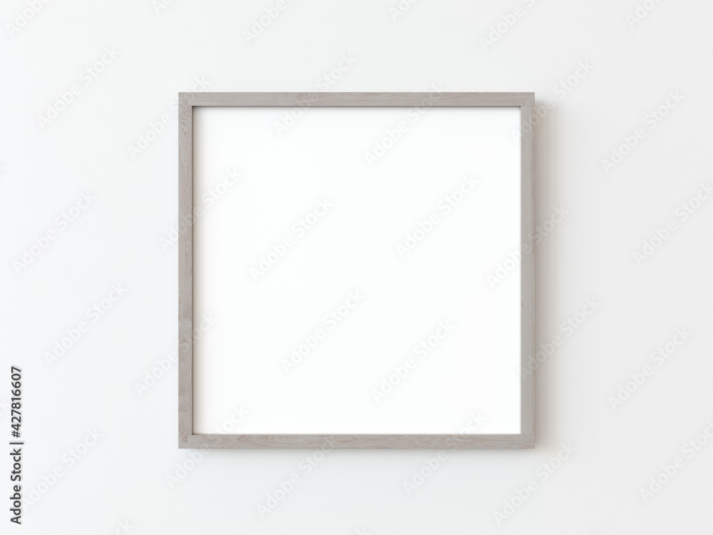 One wooden square frame hanging on a white textured wall mockup, Flat lay, top view, 3D illustration One wooden square frame hanging on a white textured wall mockup, Flat lay, top view, 3D illustration