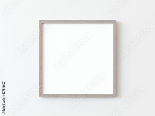 One wooden square frame hanging on a white textured wall mockup, Flat lay, top view, 3D illustration