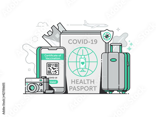 Covid Vaccine Health Travel Passport in Line