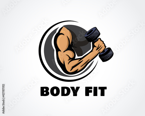 circle hand muscular lifting dumbbell gym fitness logo design template vector illustration