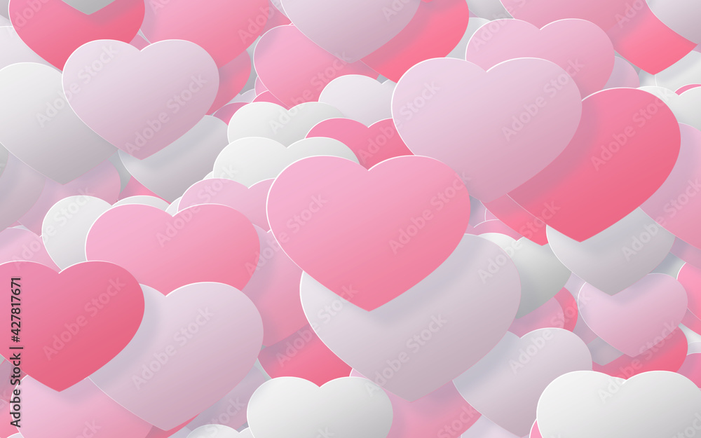 Paper art style with red and pink heart. valentine's day abstract background with hearts.