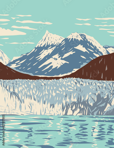 WPA Poster Art of Glacier Bay National Park and Preserve with tidewater glaciers mountains fjords located west of Juneau Alaska done in works project administration style or federal art project style. photo