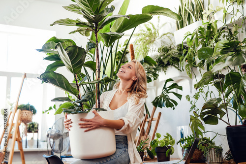 Obraz na plátně Relaxed female employer with houseplant sitting on table