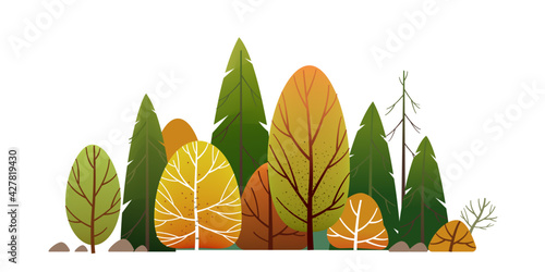Forest Landscape, Green trees park, alley and foliage in summer. Row of trees and shrubs. Cartoon vector illustration isolated on white background