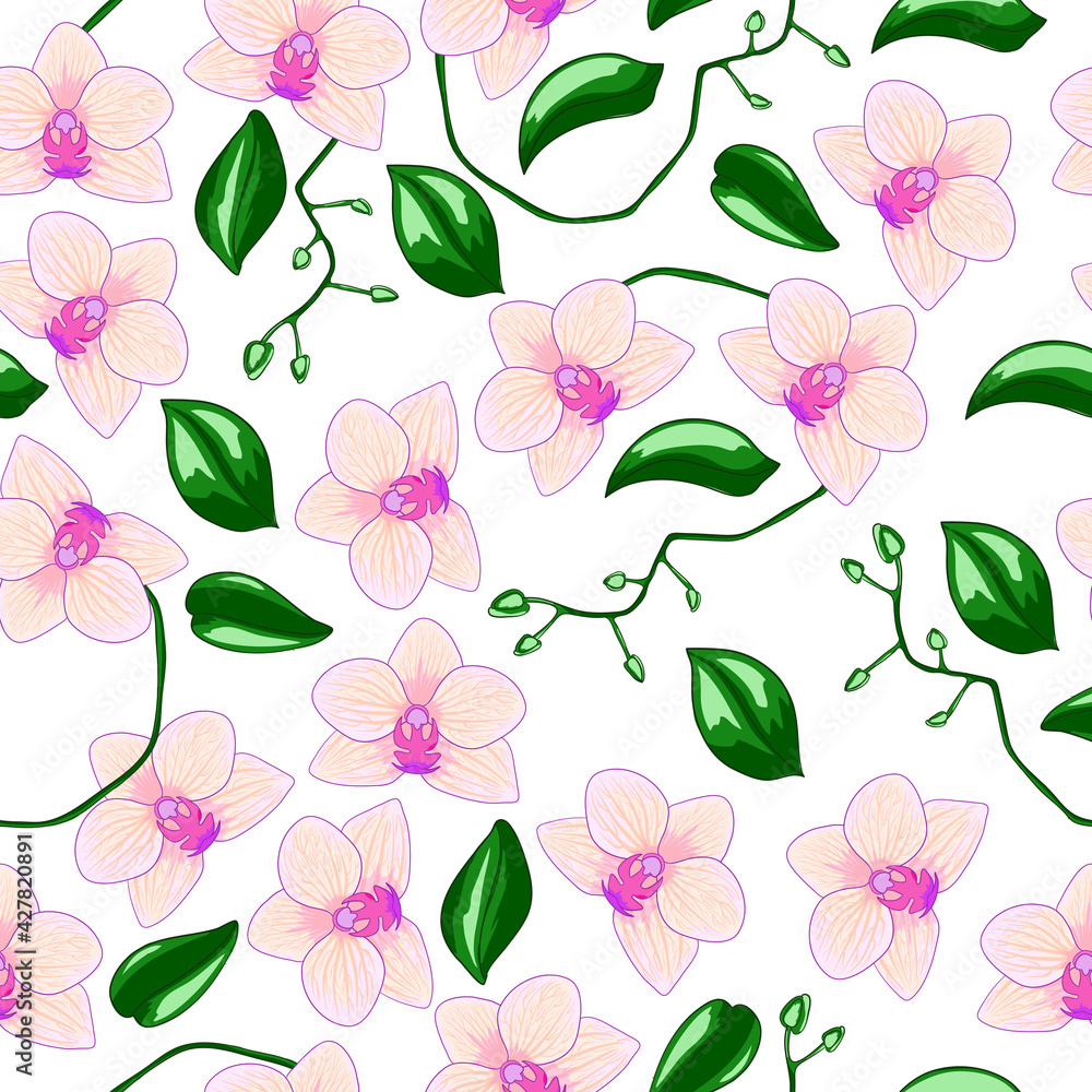 Seamless pattern with orchid. Cartoon sryle vector illustration.