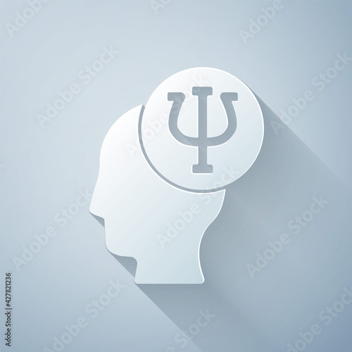 Paper cut Psychology icon isolated on grey background. Psi symbol. Mental health concept, psychoanalysis analysis and psychotherapy. Paper art style. Vector