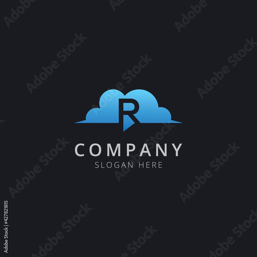 Initial letter R in cloud chat with modern blue color