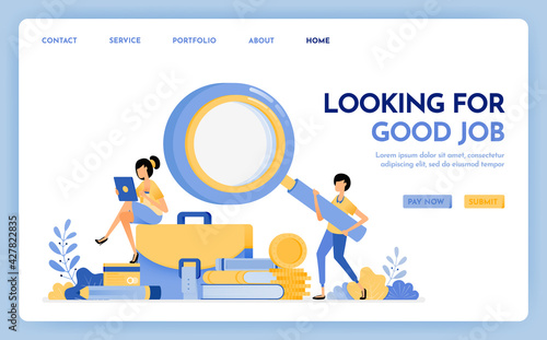 Illustration of apply for job. Jobseeker holds a magnifying glass to find work. Young women sit on briefcases stacks of stationery. Design concept for banner, landing page, web, website, poster, ui ux