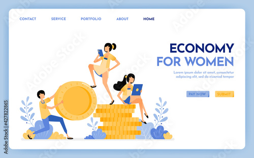 Illustration of economy for women. Men hold money and women sit on money for anti-patriarchy economy, finance, investment and banking. Design concept for banner, landing page, web, website, poster, ui