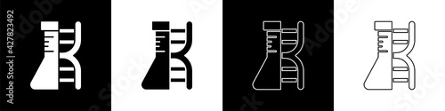 Set DNA research, search icon isolated on black and white background. Genetic engineering, genetics testing, cloning, paternity testing. Vector