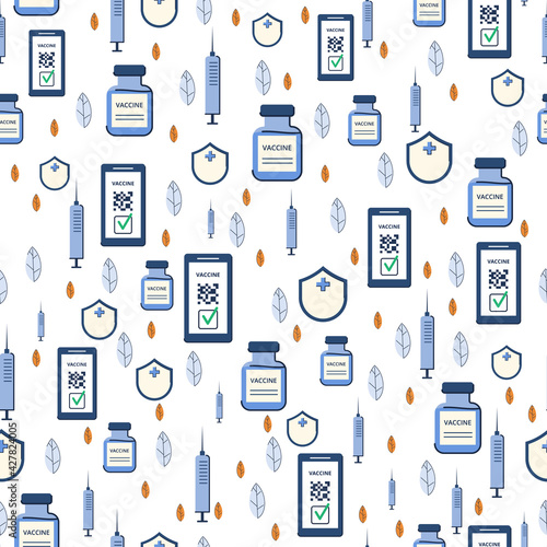 Seamless pattern for textiles and packaging. Vaccinations and new travel. Vector
