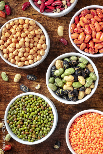 Various pulses in bowls, shot from above