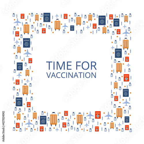 Background on the theme of vaccination. New travels after the pandemic, passport, antibodies. Travel permit. Vector