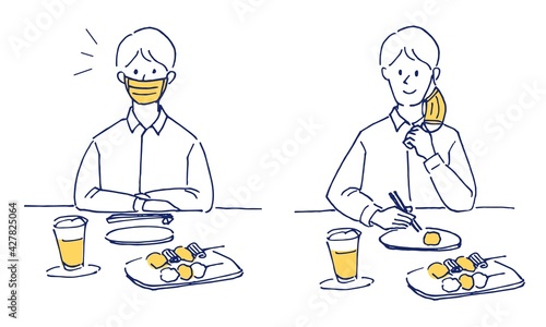 マスク会食をする男性会社員