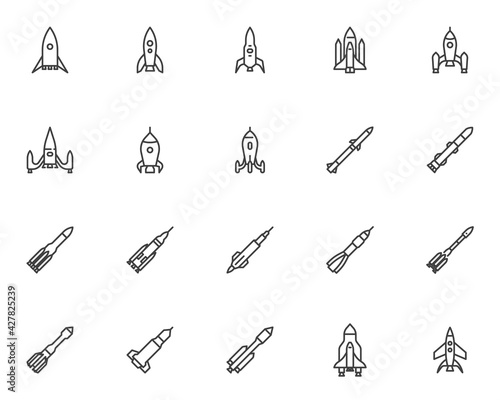 Spaceship rocket line icons set