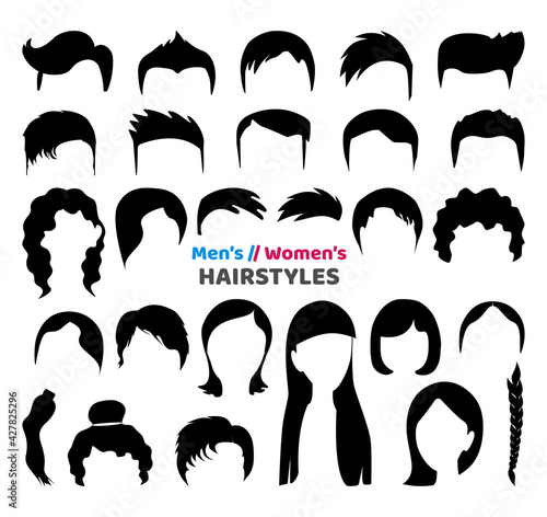 Big black hair silhouettes collection of fashionable haircuts or hairstyles for mens or girls, isolated on white background. Fashion hand drawn vector illustration