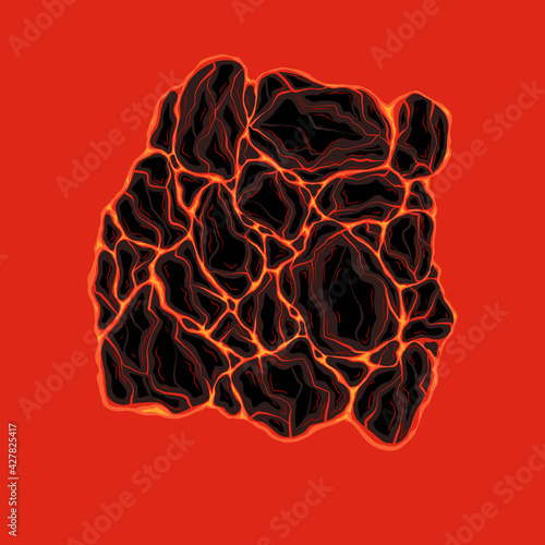 Illustration of lava with stones. Magma from molten rock. Eruption with Earthquake. Natural disaster. Vector image for card, sticker, banner