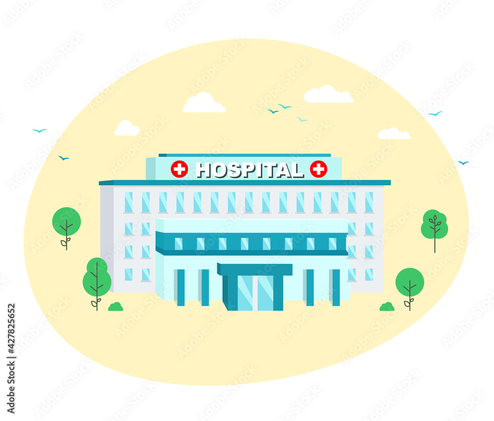 Hospital building in flat style on yellow round background.