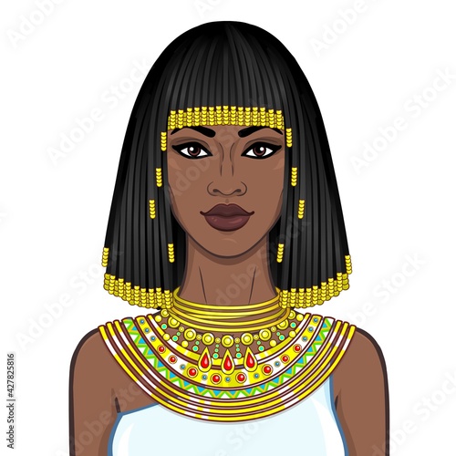 Animation portrait of the beautiful African woman in ancient jewelry and Afro-hair. Princess, pagan goddess, Pharaoh. Color drawing. Vector illustration isolated on a white background. Print, poster.