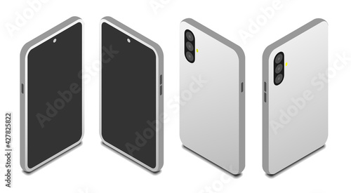 set of standing smartphone in isometric view, vector illustration isolated on white background