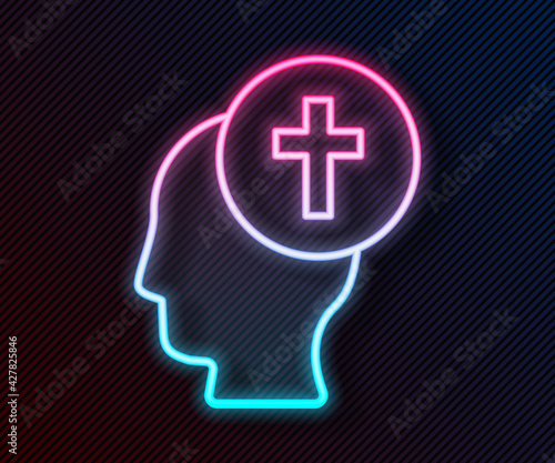 Glowing neon line Man graves funeral sorrow icon isolated on black background. The emotion of grief, sadness, sorrow, death. Vector
