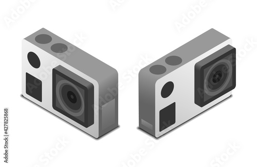 set of isometric action camera in different angle and position, vector illustration isolated on white background