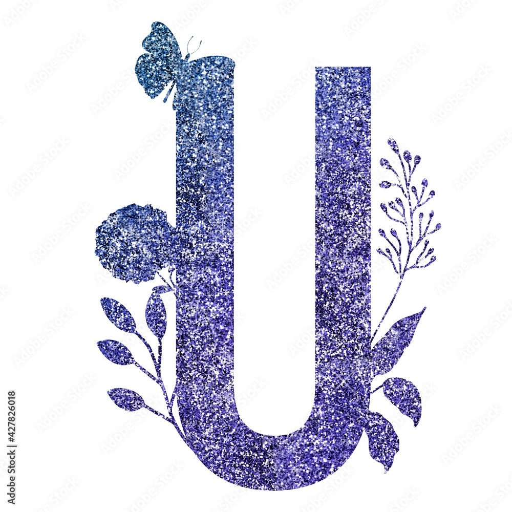 glitter blue purple letter u with flora and flower lilac monogram letter u printable design stock illustration adobe stock