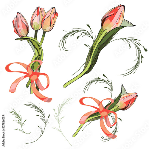 Pink tulips. A cute little bouquet. A set of graphic illustrations. Vintage romantic flowers for decoration and design. On fabric and postcards. Boutonniere.For the wedding Valentine's Day and March 8