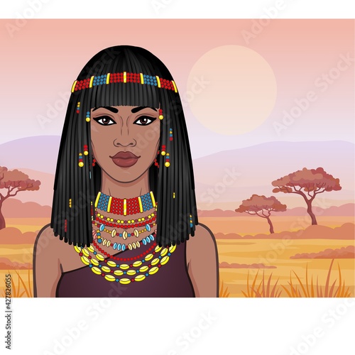 Animation portrait of the beautiful African woman in ancient jewelry and Afro-hair. Color drawing. Background - a landscape the savanna, the nature, a sunset. Vector illustration. 