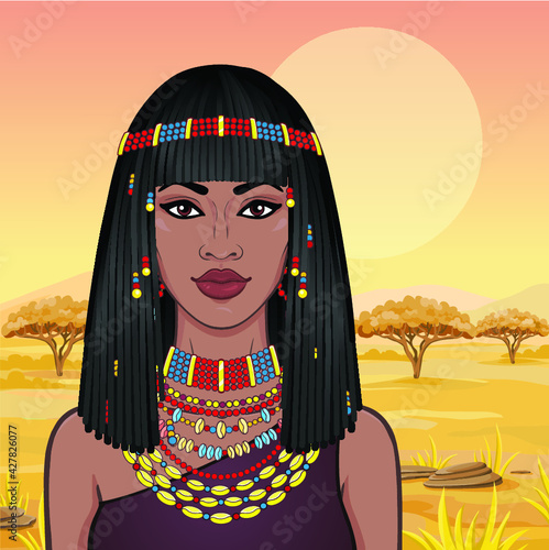 Animation portrait of the beautiful African woman in ancient jewelry and Afro-hair. Color drawing. Background - a landscape the savanna, the nature, a sunset. Vector illustration. 