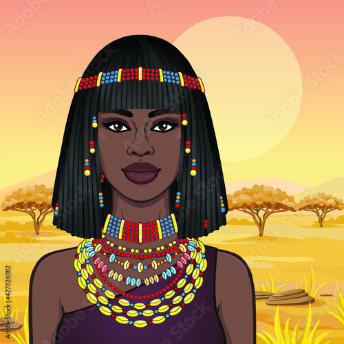 Animation portrait of the beautiful African woman in ancient jewelry and Afro-hair. Color drawing. Background - a landscape the savanna, the nature, a sunset. Vector illustration. 