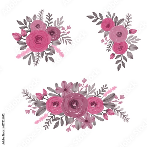 set watercolor floral frame of pink magenta, set magenta watercolor frame for greeting and wedding invitation card