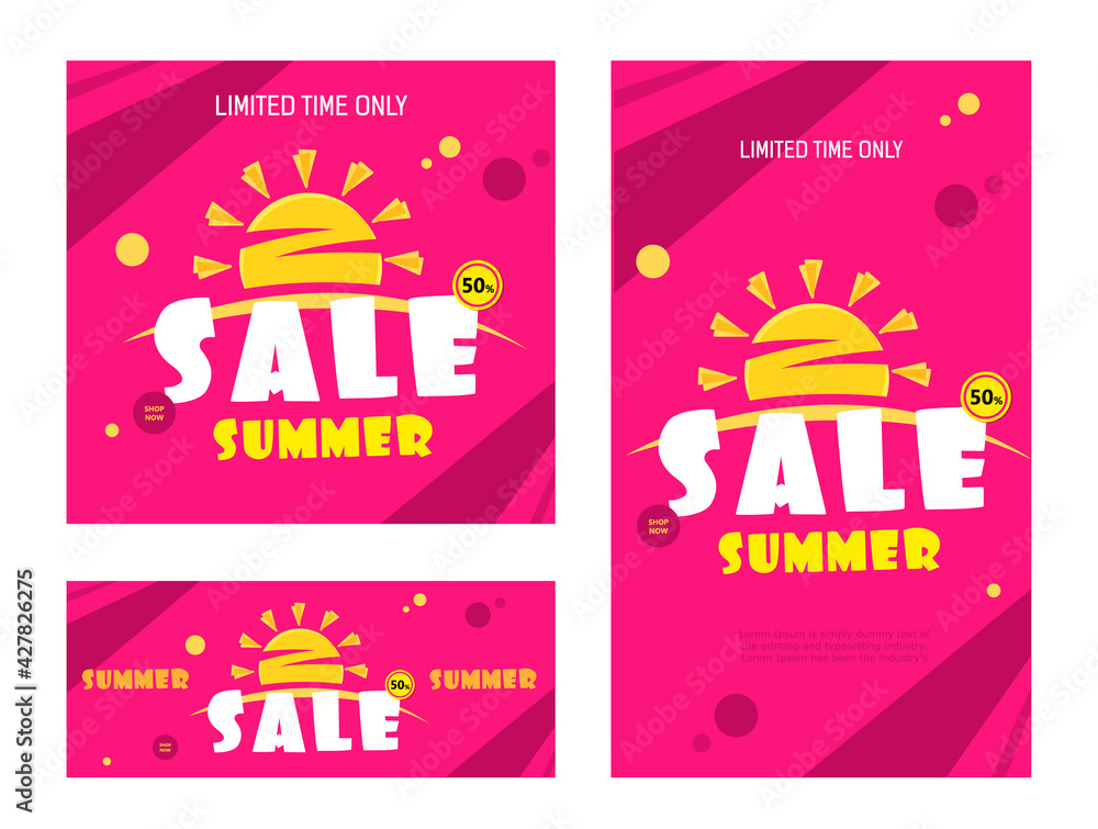 Bright red sale banner with summer sun. Text Summer sale