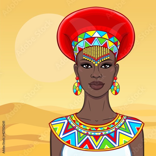Animation portrait of the beautiful African woman in ancient clothes and jewelry. Princess, pagan goddess, priestess. Color drawing. Background - a landscape the desert, sandy dun.Vector illustration.