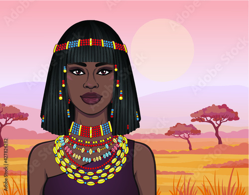 Animation portrait of the beautiful African woman in ancient jewelry and Afro-hair. Color drawing. Background - a landscape the savanna, the nature, a sunset. Vector illustration. 