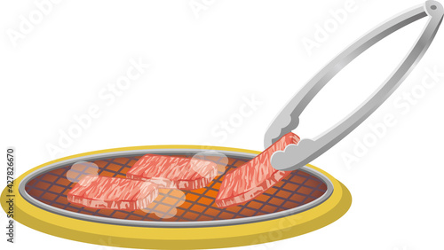 炭火焼肉のイメージイラスト（トングで牛肉を挟んでいる）