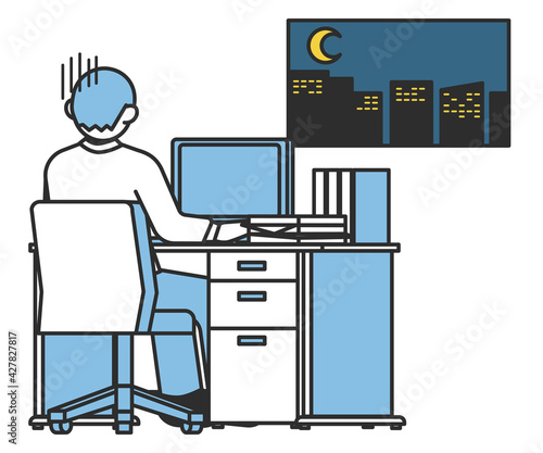 会社のデスクでパソコン作業をする疲れている男性のイラスト素材