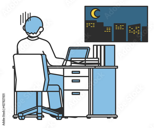 会社のデスクでパソコン作業をする疲れている男性のイラスト素材