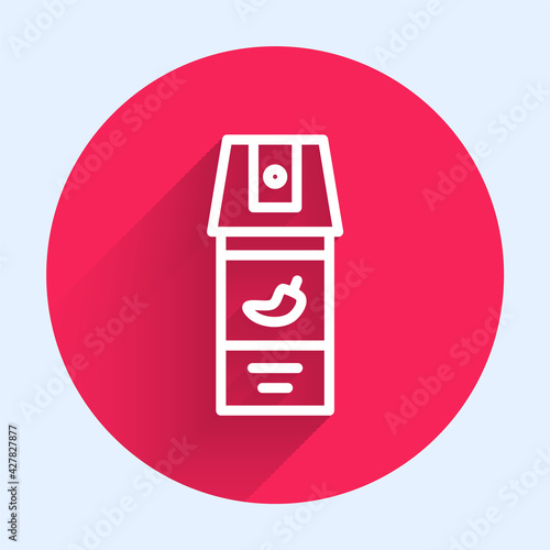 White line Pepper spray icon isolated with long shadow. OC gas. Capsicum self defense aerosol. Red circle button. Vector