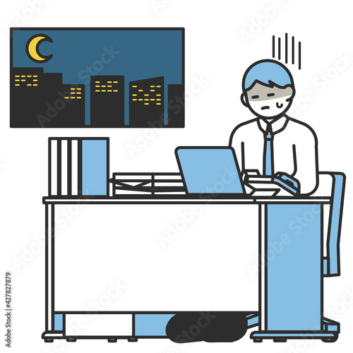会社のデスクでパソコン作業をする疲れている男性のイラスト素材
