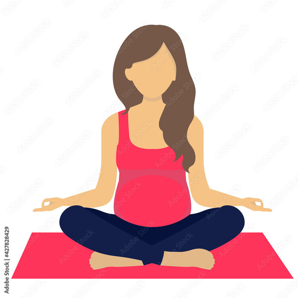 A pregnant girl sits in a lotus position on a red carimat on a white isolated background. Vector illustration