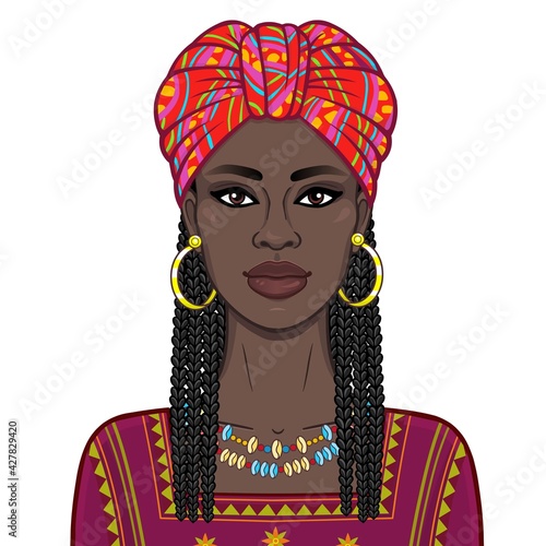 Animation portrait of the beautiful  black woman in a bright turban and Afro-hair. Color drawing. Vector illustration isolated on a white background.Template for use.