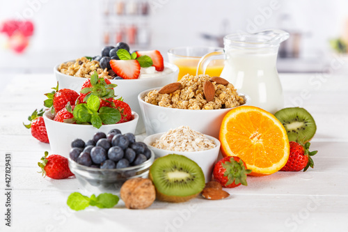 Healthy breakfast strawberry yogurt fruit bowl pot eating yoghurt food