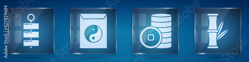 Set Firework, Yin Yang and envelope, Chinese Yuan currency and Bamboo. Square glass panels. Vector