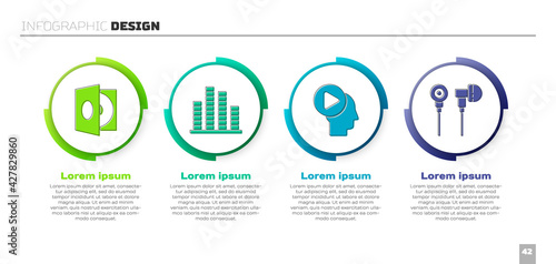 Set Vinyl player with a vinyl disk, Music equalizer, Head people with play button and Air headphones. Business infographic template. Vector