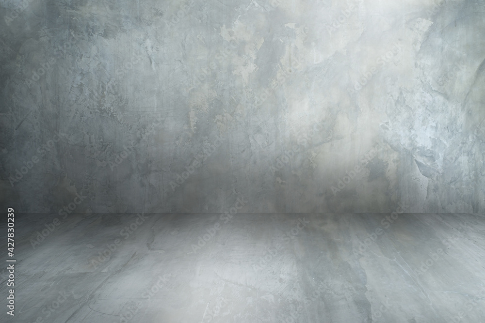 Background, floor, studio. Room empty of cement floor. Gray room cement or concrete wall texture background and sun light.